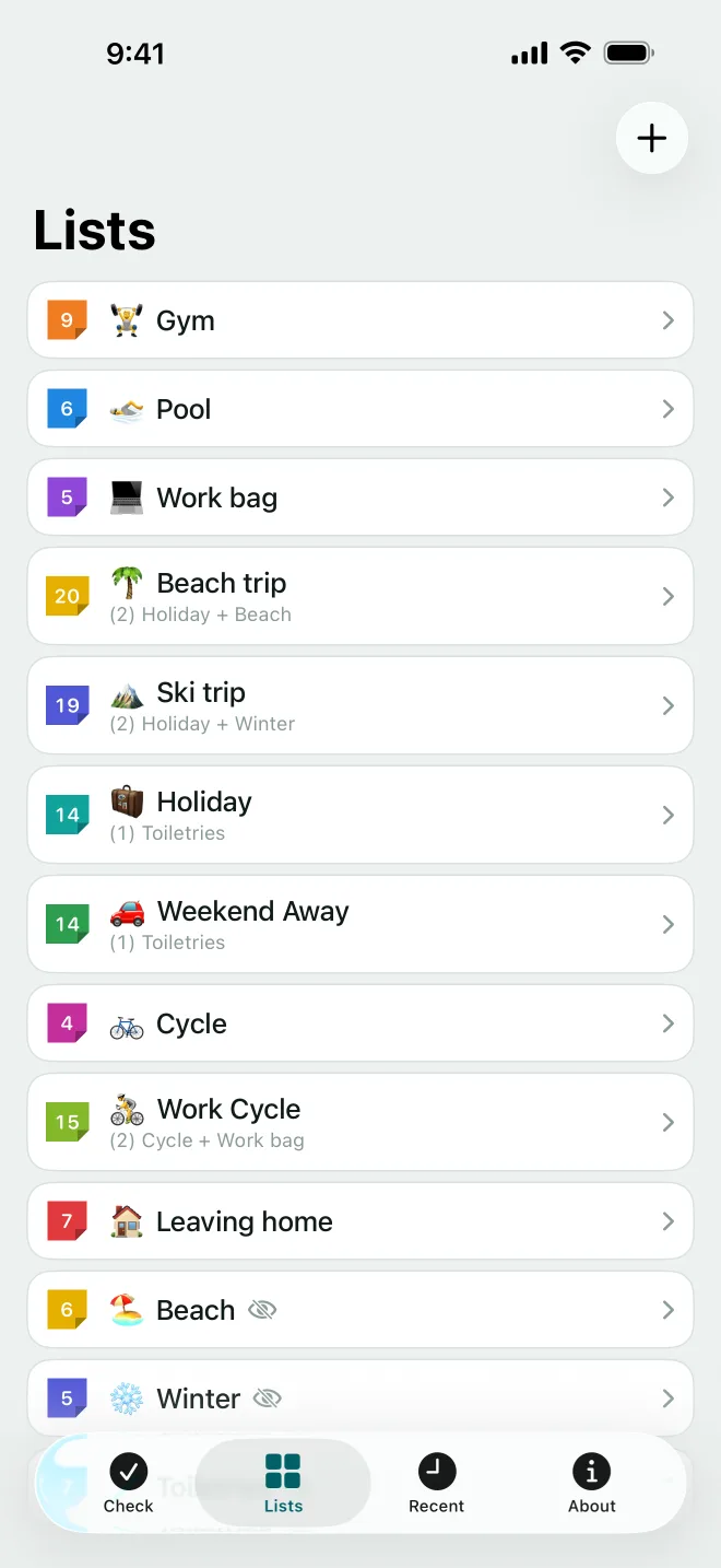 The Lists screen: Gym, Pool, Work bag, and Beach trip made of Holiday + Beach.
